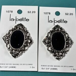 La Petite 1078 Ornate Silver Black Velvety Shank Buttons 1.75 Inch 44mm Set of 2